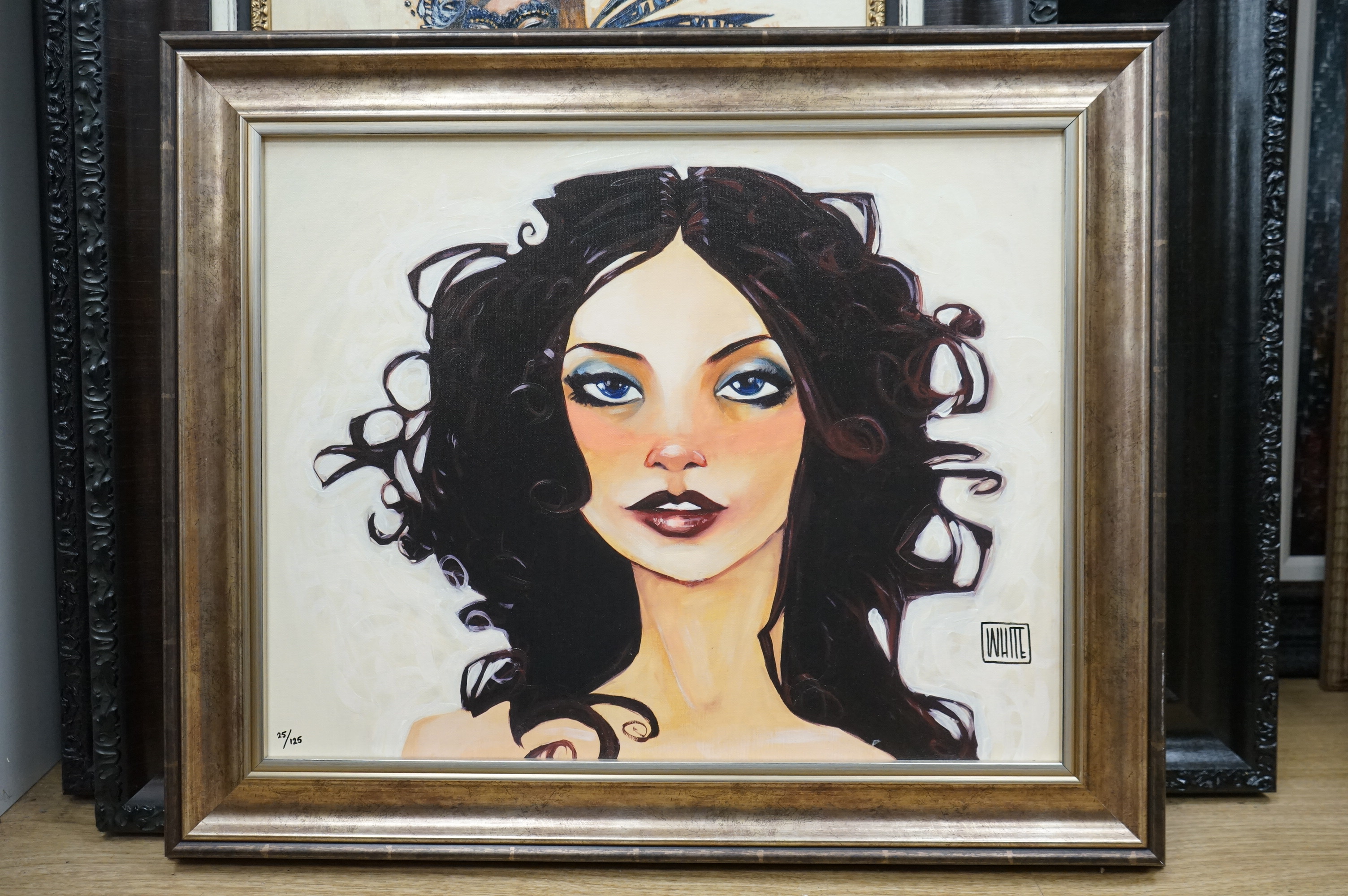 Todd White (b.1969), contemporary embellished canvas on board, Portrait of a girl, limited edition 25/125, 39 x 49cm